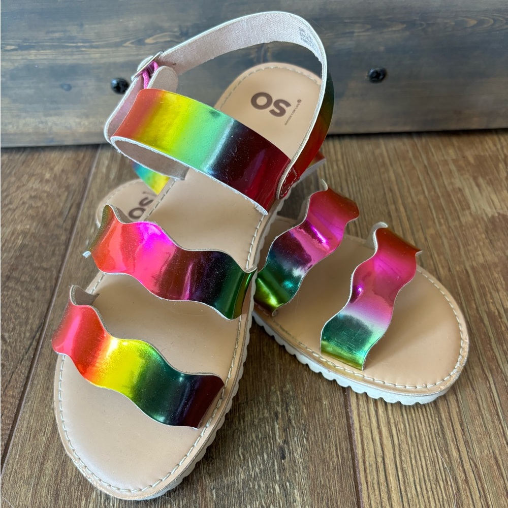 Girls’ Shiny Rainbow Strappy Sandals by SO, size 4. EUC!